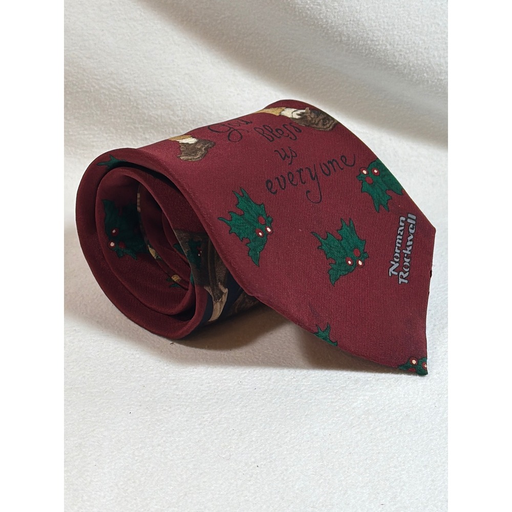 Norman Rockwell Mens Silk Tie God Bless Us Everyone Christmas Carol Burgundy 95